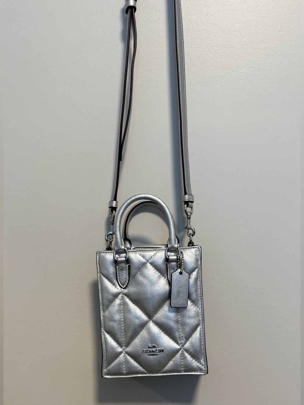 Coach CM314 North South Mini Tote Puffy Diamond Quilted Silver Crossbody Bag